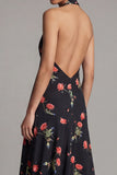 Halter Black Printed A Line Backless Wedding Guest Dress