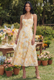 Halter Yellow Floral A Line Bowed Wedding Guest Dress