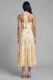 Halter Yellow Floral A Line Bowed Wedding Guest Dress