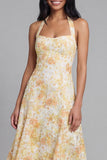 Halter Yellow Floral A Line Bowed Wedding Guest Dress