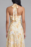 Halter Yellow Floral A Line Bowed Wedding Guest Dress