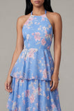Halter Tiered Floral Blue Midi Wedding Guest Dress