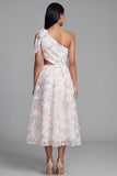 One Shoulder Bowed Floral Pink Cut Out Wedding Guest Dress