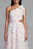 One Shoulder Bowed Floral Pink Cut Out Wedding Guest Dress