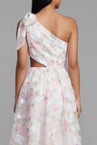 One Shoulder Bowed Floral Pink Cut Out Wedding Guest Dress