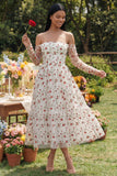 Off the Shoulder Ivory Floral Ruffled A Line Wedding Guest Dress