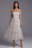Off the Shoulder Ivory Floral Ruffled A Line Wedding Guest Dress
