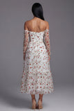 Off the Shoulder Ivory Floral Ruffled A Line Wedding Guest Dress