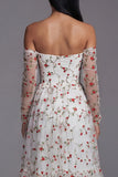 Off the Shoulder Ivory Floral Ruffled A Line Wedding Guest Dress