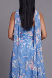 Strapless Blue Floral Ruched A Line Wedding Guest Dress