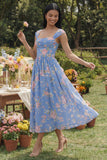 Floral Cap Sleeve Blue Pleated A Line Wedding Guest Dress