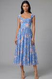 Floral Cap Sleeve Blue Pleated A Line Wedding Guest Dress