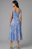 Floral Cap Sleeve Blue Pleated A Line Wedding Guest Dress