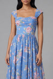 Floral Cap Sleeve Blue Pleated A Line Wedding Guest Dress