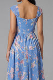 Floral Cap Sleeve Blue Pleated A Line Wedding Guest Dress