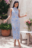 Halter Blue Appliqued Bodycon Wedding Guest Dress