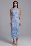 Halter Blue Appliqued Bodycon Wedding Guest Dress