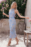 Halter Blue Appliqued Bodycon Wedding Guest Dress