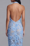 Halter Blue Appliqued Bodycon Wedding Guest Dress