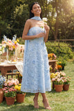 Strapless Blue Appliqued A Line Wedding Guest Dress