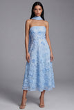 Strapless Blue Appliqued A Line Wedding Guest Dress