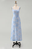 Blue Floral A Line Midi Wedding Guest Dress