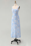 Blue Floral A Line Midi Wedding Guest Dress