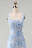 Blue Floral A Line Midi Wedding Guest Dress