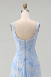 Blue Floral A Line Midi Wedding Guest Dress