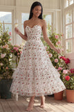 Strapless A Line Floral Champagne Ruffled Wedding Guest Dress