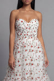 Strapless A Line Floral Champagne Ruffled Wedding Guest Dress