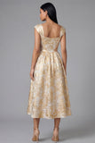 Black Printed A Line Midi Wedding Guest Dress
