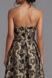 Strapless Gold Floral Brocade A Line Midi Wedding Guest Dress