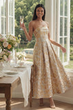Strapless Gold Floral Brocade A Line Midi Wedding Guest Dress
