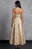 Strapless Gold Floral Brocade A Line Midi Wedding Guest Dress