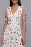 White Floral A Line Short Sleeve Wedding Guest Dress