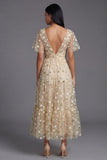 Floral Champagne Short Sleeve A Line Wedding Guest Dress