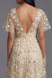 Floral Champagne Short Sleeve A Line Wedding Guest Dress