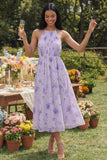 Halter Pleated Floral A Line Lilac Wedding Guest Dress