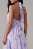 Halter Pleated Floral A Line Lilac Wedding Guest Dress