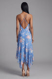 Blue Floral Ruffled A Line Midi Wedding Guest Dress