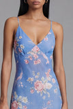 Blue Floral Ruffled A Line Midi Wedding Guest Dress