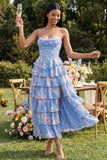 Tiered Corset Blue Floral Wedding Guest Dress with Slit