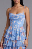 Tiered Corset Blue Floral Wedding Guest Dress with Slit