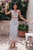 One Shoulder Blue Floral Mermaid Midi Wedding Guest Dress