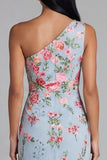 One Shoulder Blue Floral Mermaid Midi Wedding Guest Dress