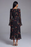 Long Sleeve Ruffled A Line Black Floral Midi Wedding Guest Dress