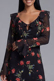 Long Sleeve Ruffled A Line Black Floral Midi Wedding Guest Dress