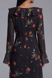 Long Sleeve Ruffled A Line Black Floral Midi Wedding Guest Dress