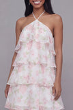 Tiered Halter Floral Pink Maxi Wedding Guest Dress